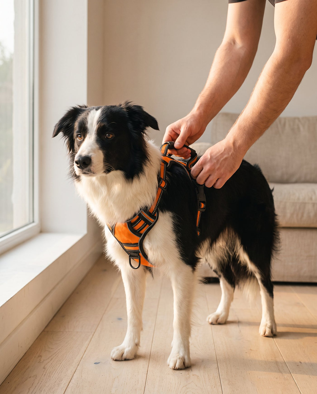 Fitting the no-pull harness on a border collie