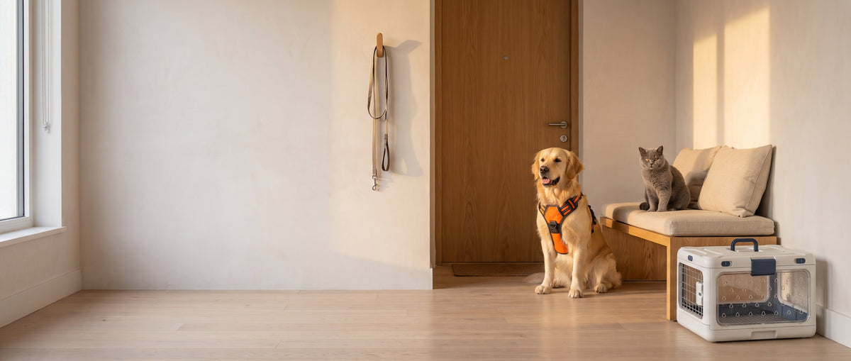 A golden retriever in its harness and a gray cat waiting by the front door beside the clear carrier