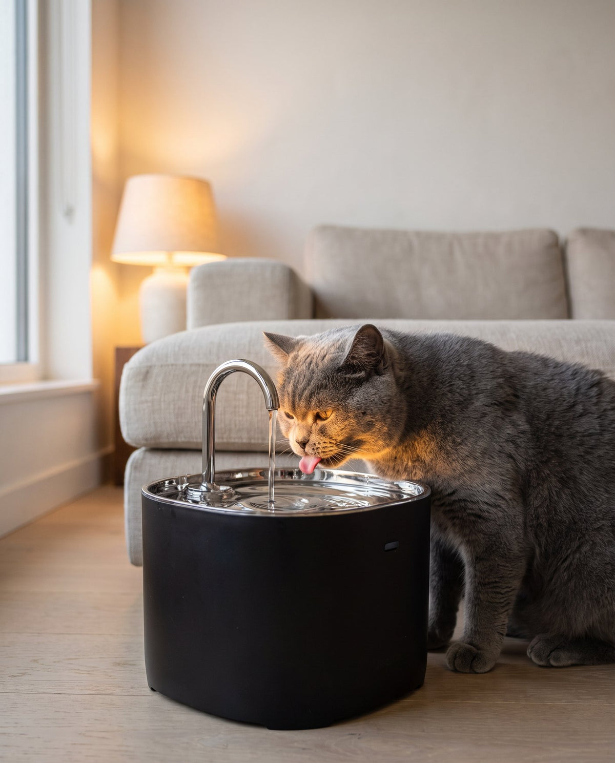British shorthair cat drinking from the smart cat water fountain