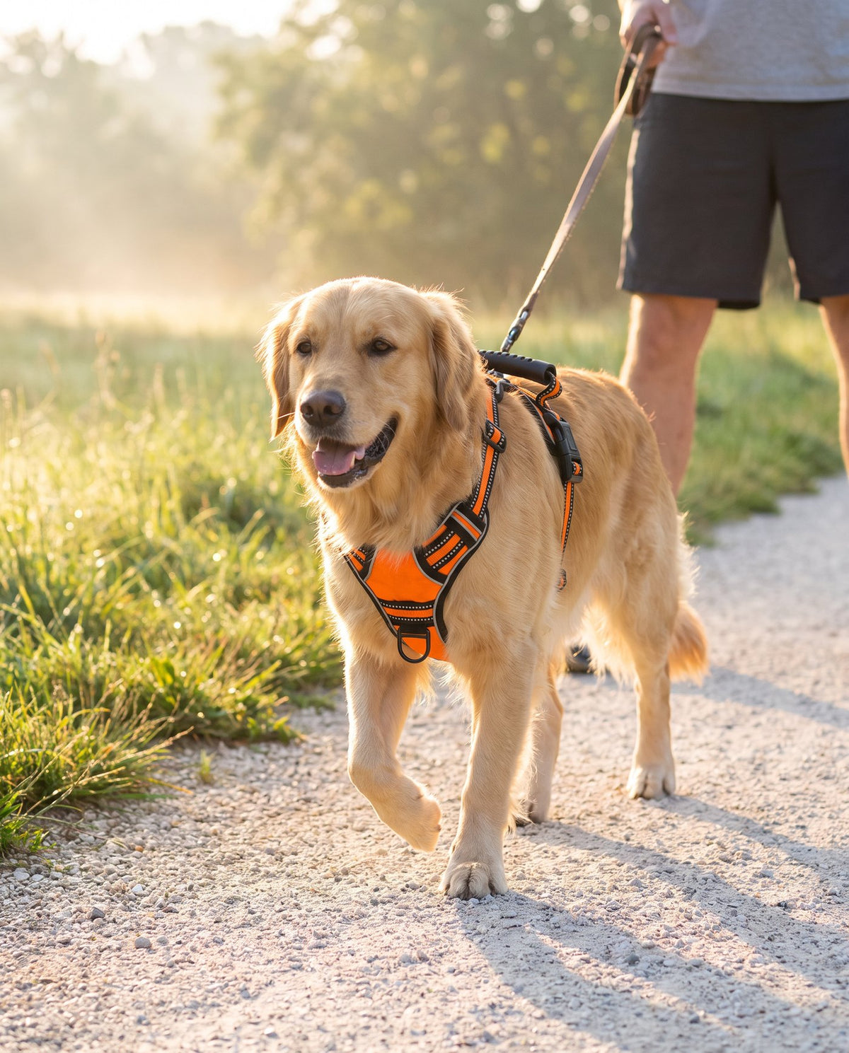 Golden retriever on a morning walk wearing the no-pull reflective harness