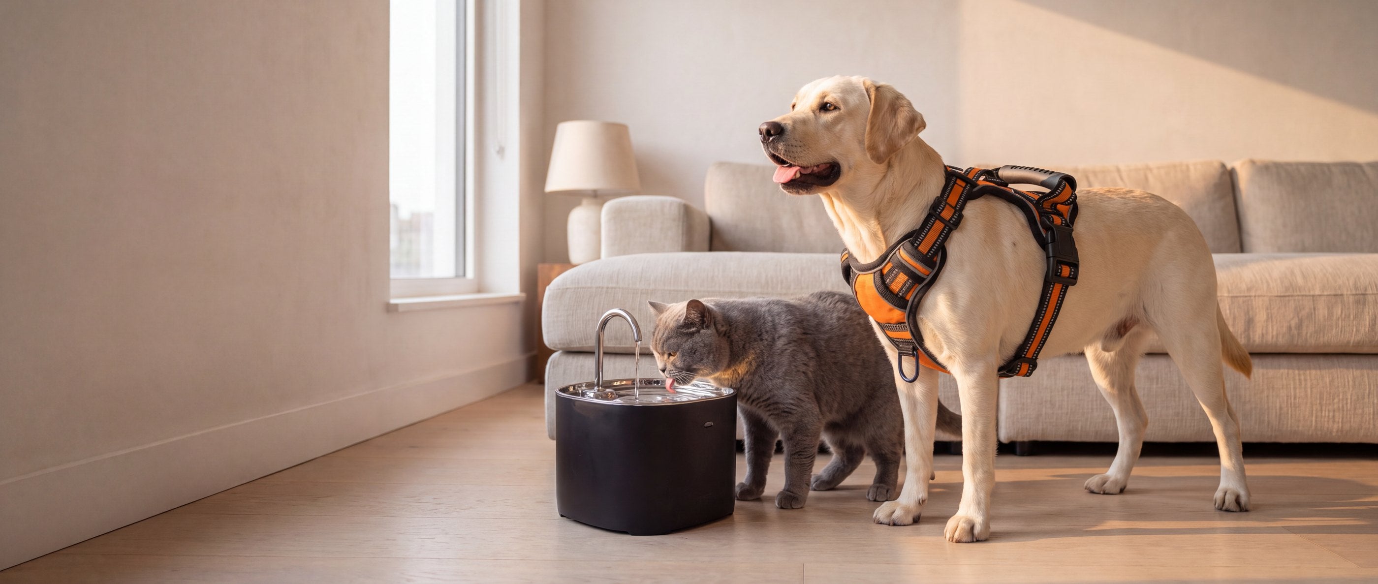 A labrador in the no-pull harness and a gray cat drinking from the water fountain in a sunlit living room