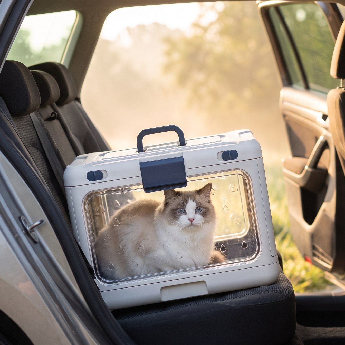 [tpa] Ragdoll cat in the foldable clear pet carrier on a car seat