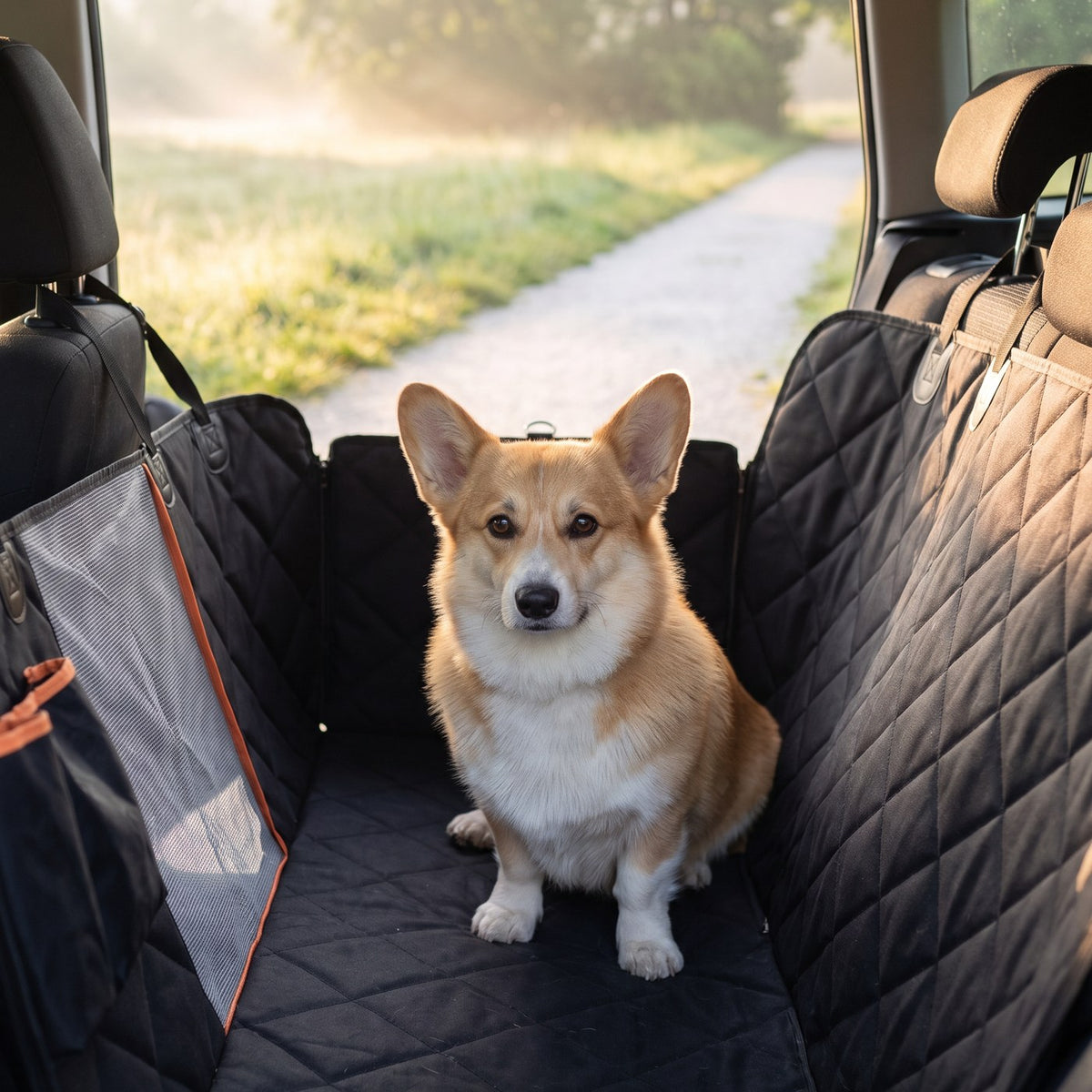 [tpa] Corgi sitting in the mesh window car seat hammock