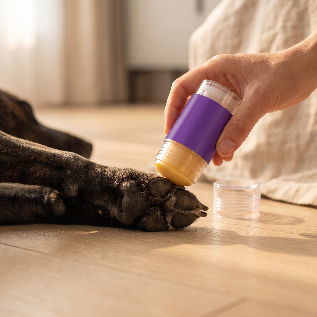 [tpa] Moisturising paw balm stick applied to a dog's paw