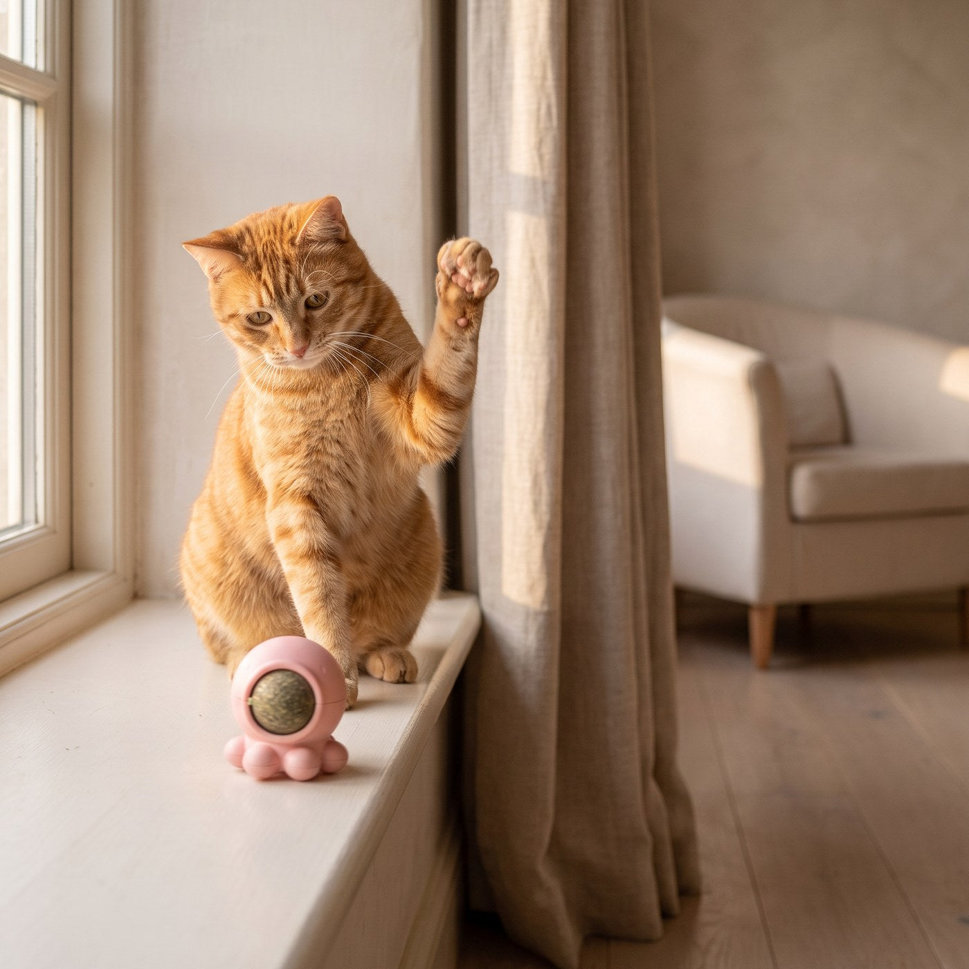 [tpa] Ginger tabby playing with the octopus catnip spinner toy