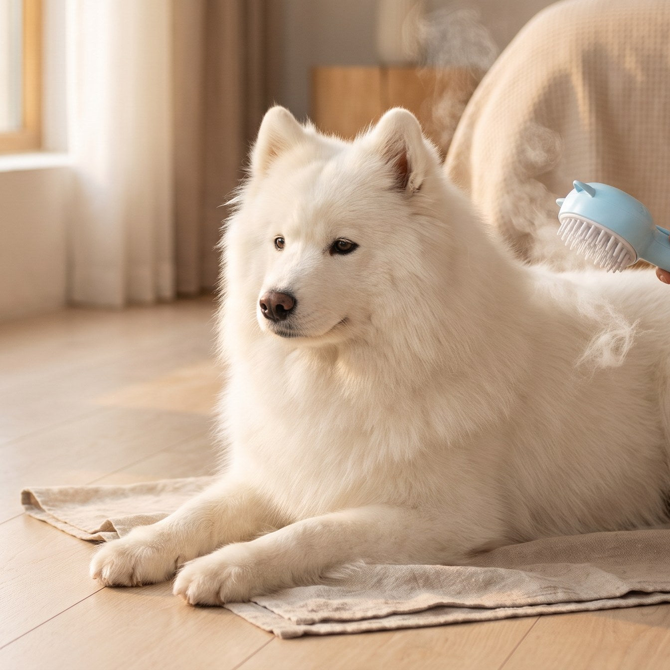 [tpa] Samoyed being brushed with the rechargeable steam grooming brush