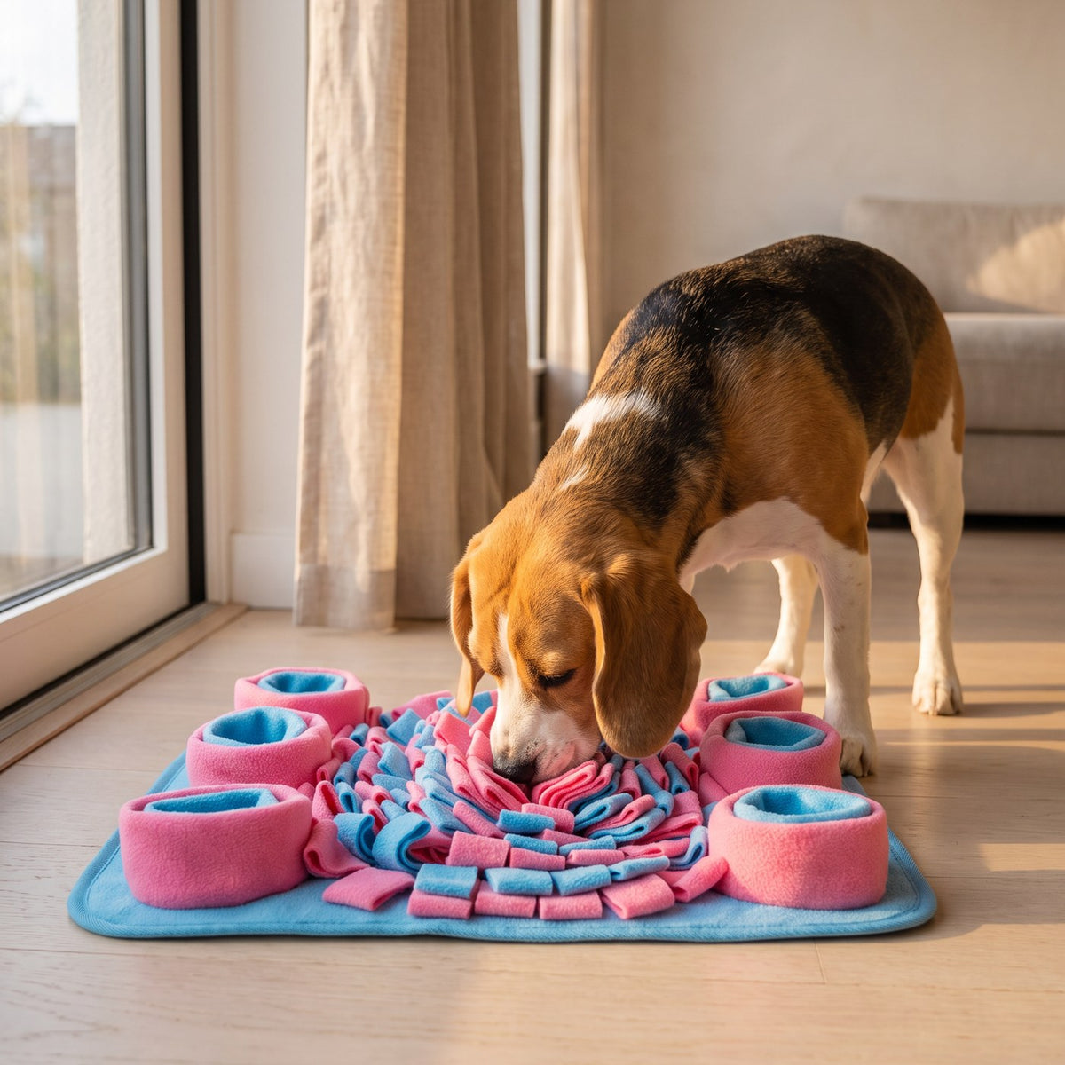[tpa] Beagle foraging in the snuffle mat enrichment feeder