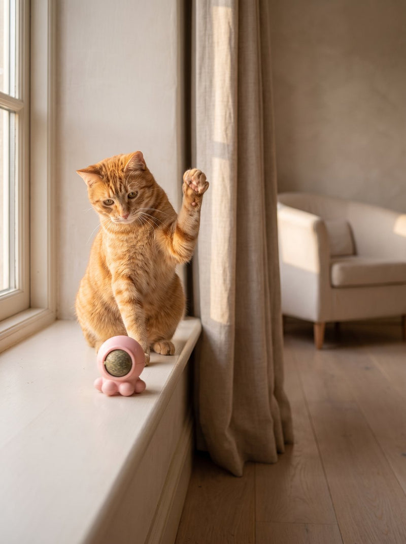 Ginger tabby with the octopus catnip spinner
