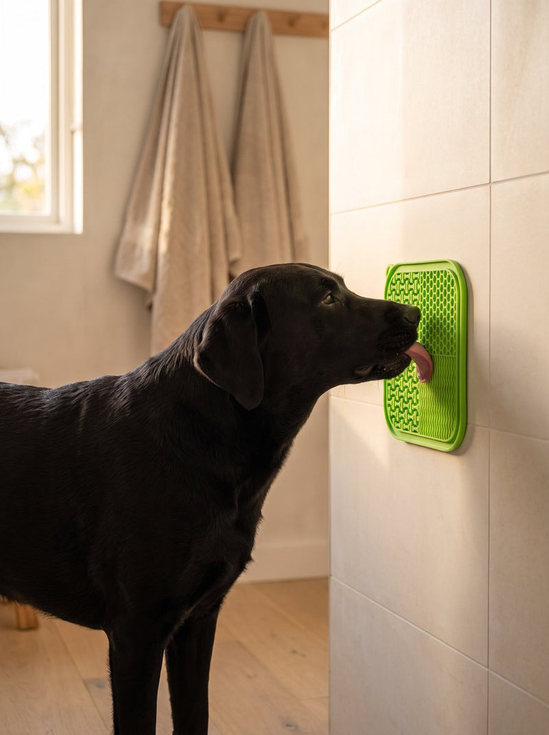 Labrador with the suction lick mat