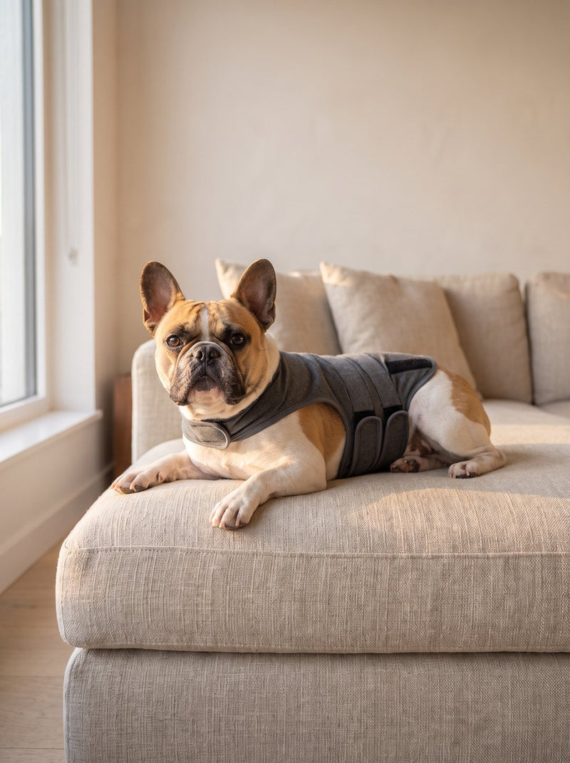 French bulldog with the anxiety calming vest