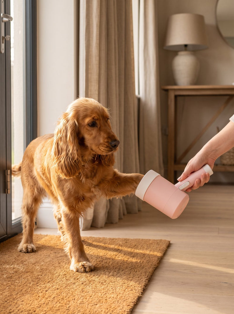 Cocker spaniel with the paw cleaner cup