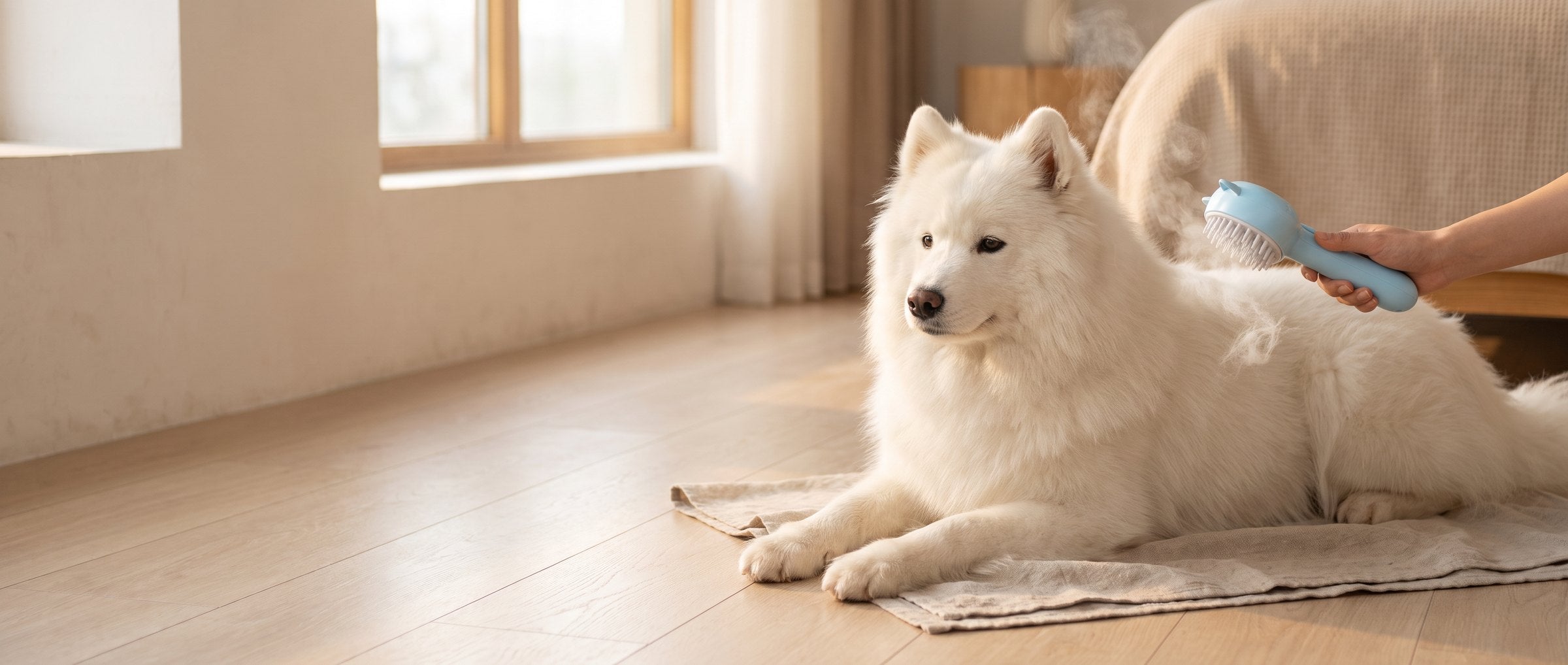 Samoyed being brushed with the steam grooming brush