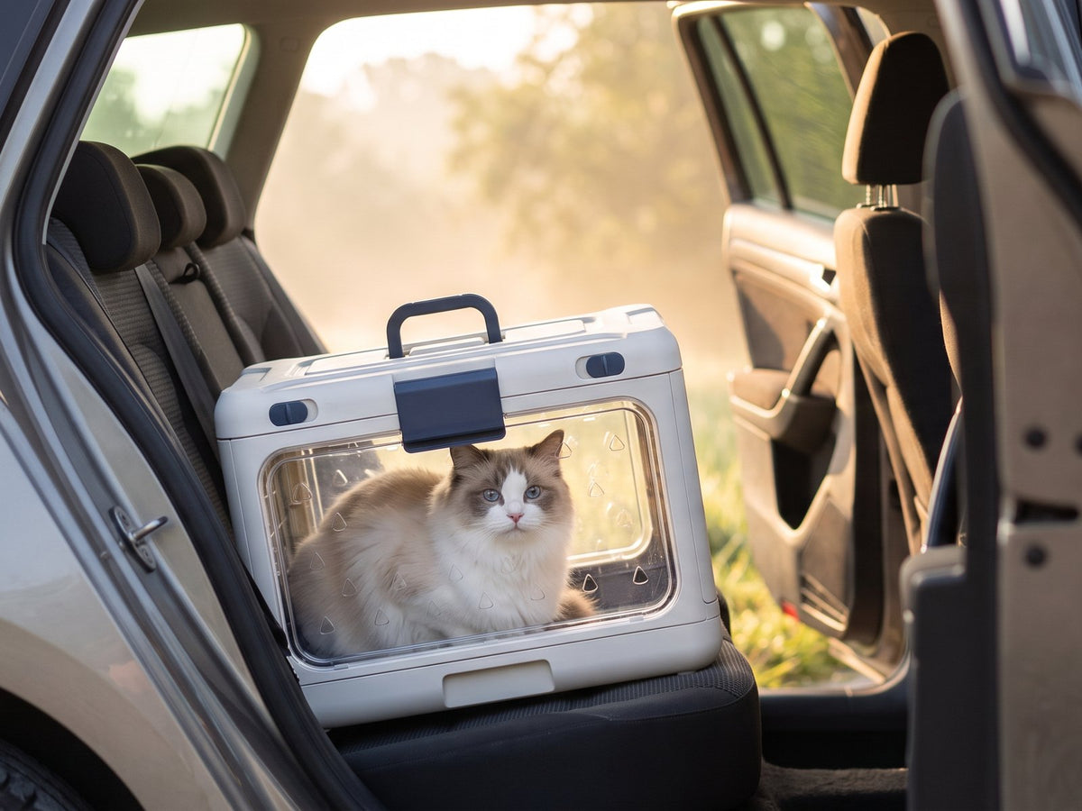 Ragdoll cat in the foldable clear carrier on the back seat of a car